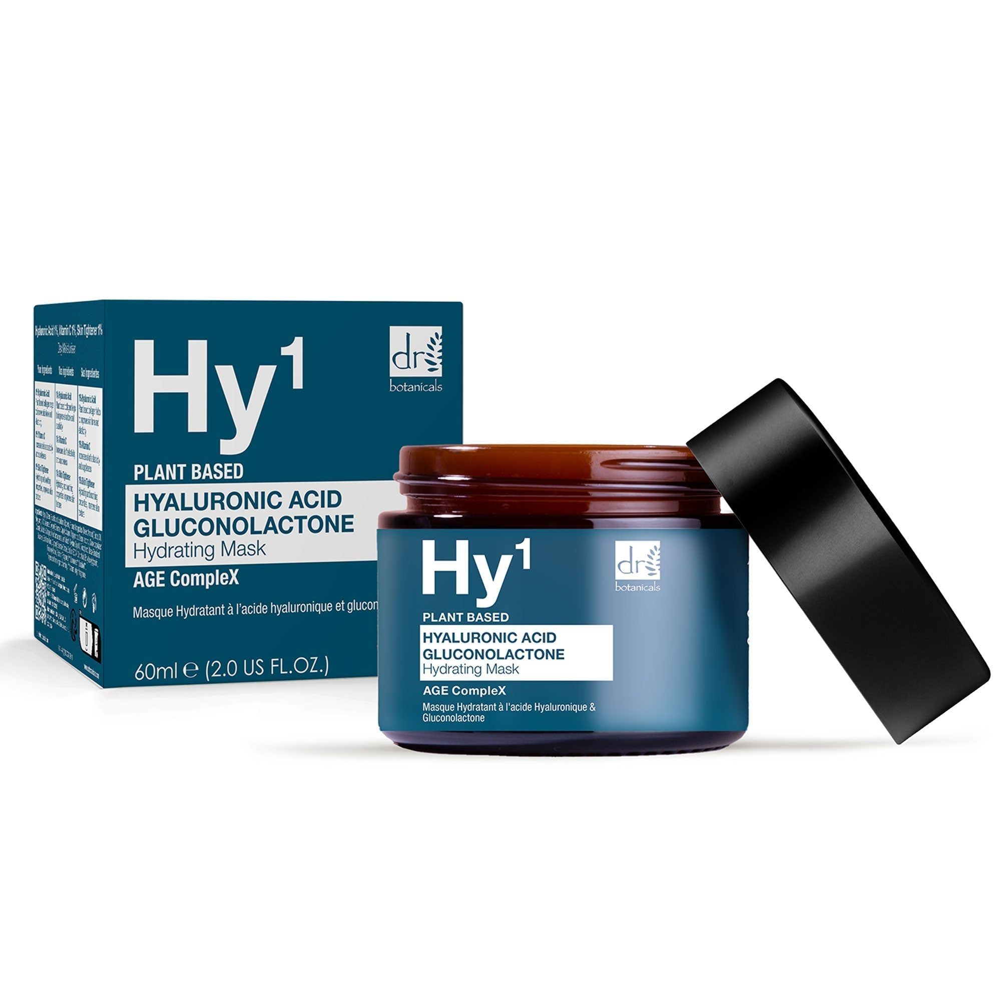 Tiegel und Schachtel mit Aufschrift Hy1, Dr Botanicals, Hyaluronsäure, Gluconolacton. Schwarzer Deckel, blaue Etiketten.