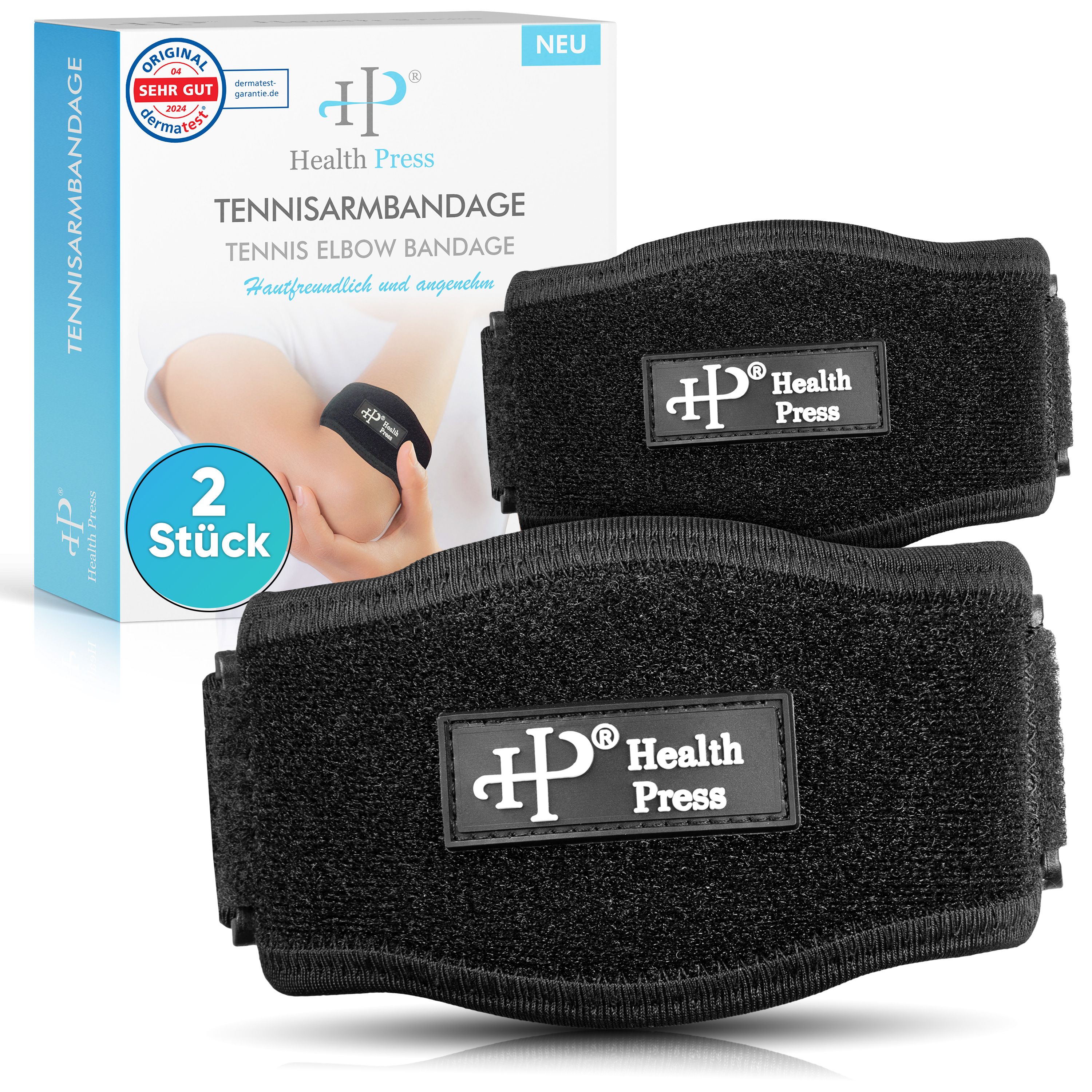 Zwei schwarze Tennisarmbandagen mit Klettverschluss und dem Logo Health Press. Eine Verpackung mit Produktabbildung und Aufschrift.