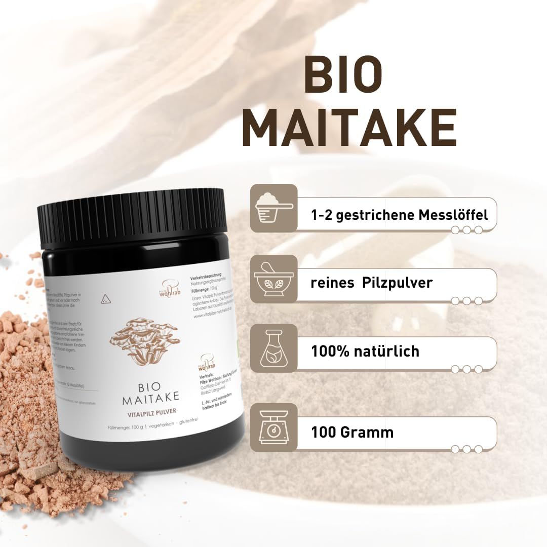 BIO Maitake: 1-2 Messlöffel, reines Pilzpulver, 100% natürlich, 100 Gramm. Dose mit Pulver und Messlöffel.