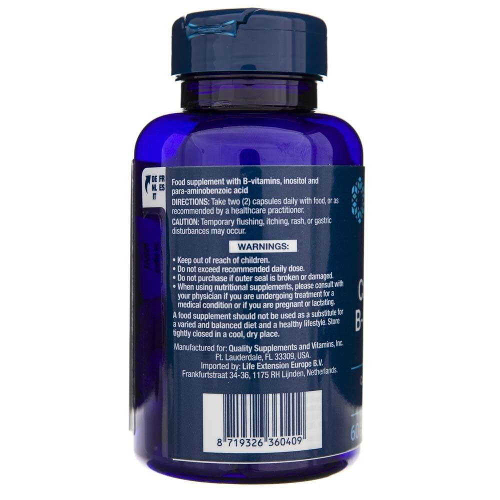 Rückseite eines Behälters mit Life Extension BioActive Complete B-Complex. Enthält Anwendungshinweise und Warnungen.