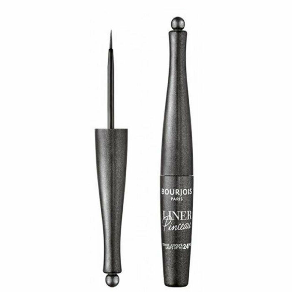 Schwarzer Eyeliner mit Pinselapplikator. Flasche mit Kugelverschluss. Aufschrift: Bourjois Liner Pinceau.