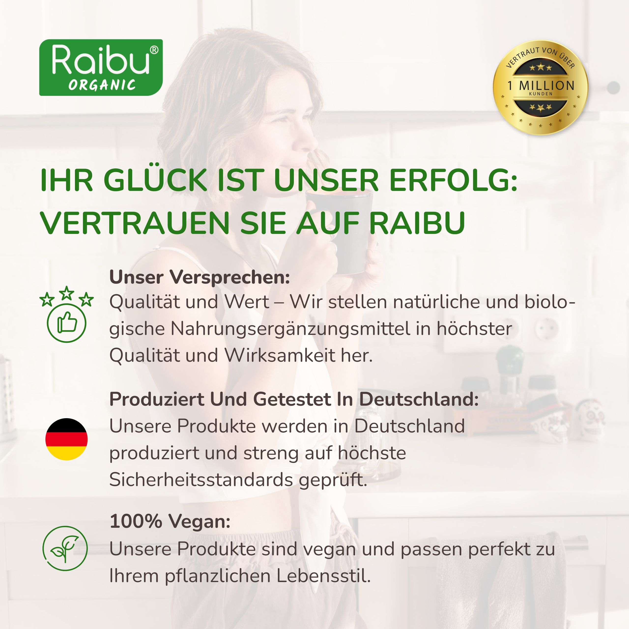 Text mit Informationen über Raibu. Qualität, Wert, hergestellt in Deutschland, 100% vegan.