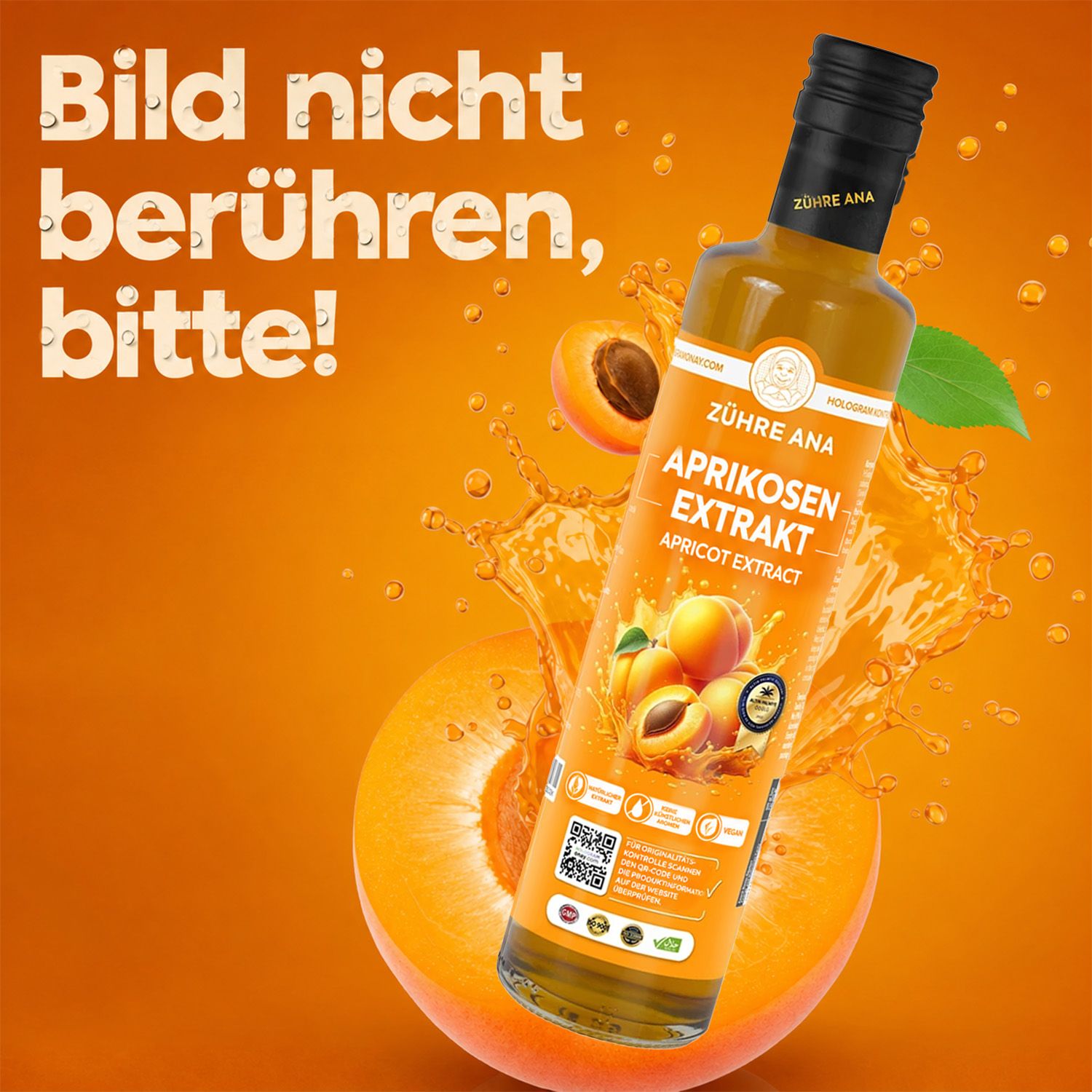 Flasche mit Aprikosenextrakt, Etikett mit Früchten und Text.
