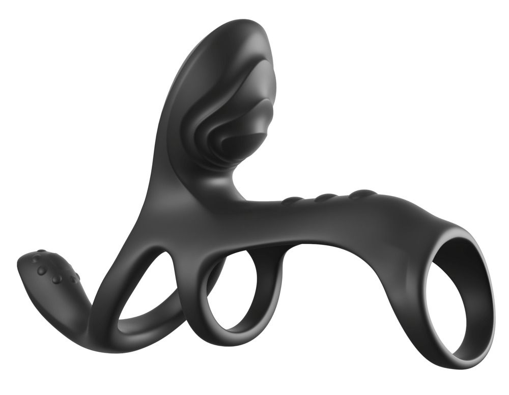Schwarzes C-Ringz-Produkt aus Silikon. Mit zwei Ringen und einem Aufsatz. Geriffelte Oberfläche. Für den Intimbereich.