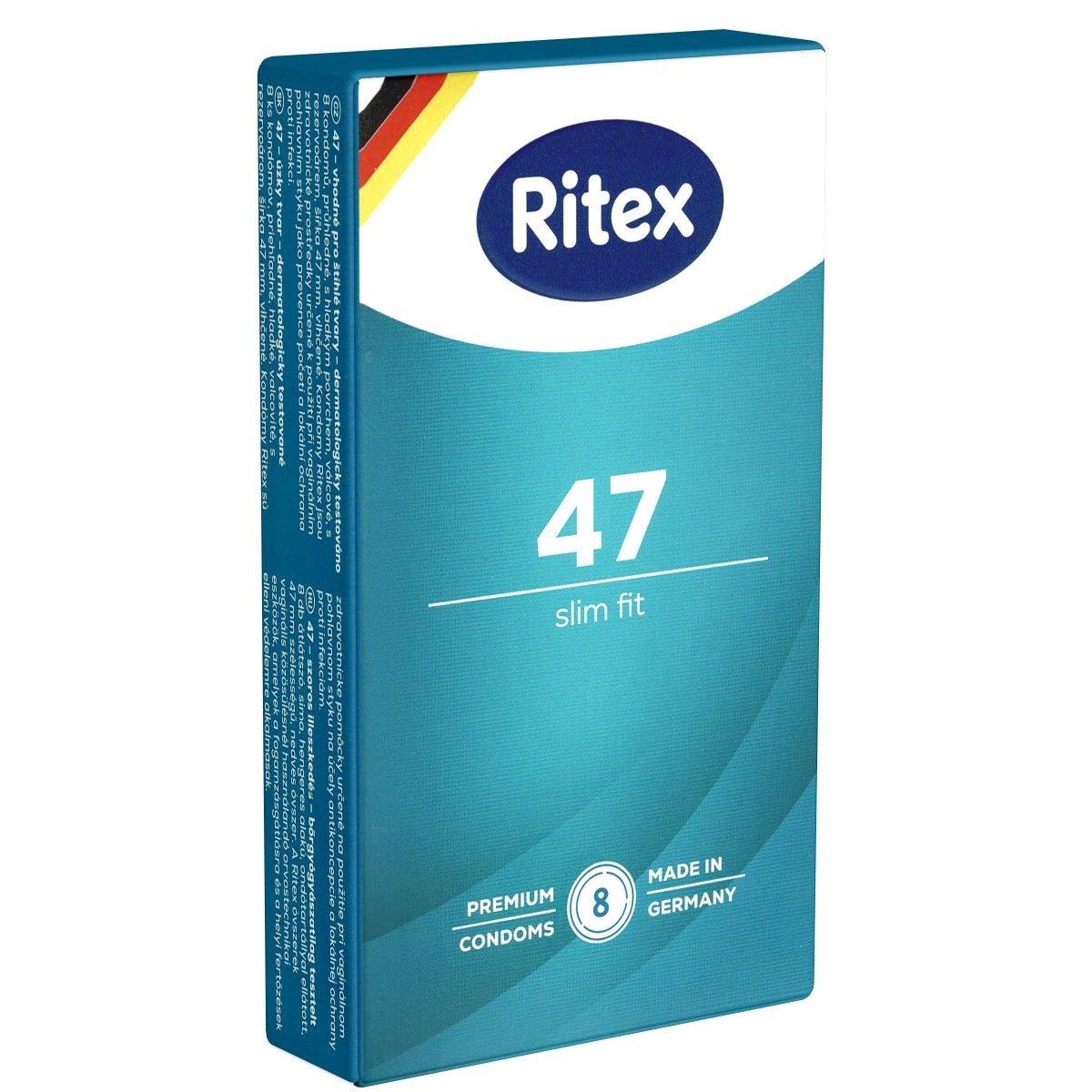 Verpackung von Ritex 47 Kondomen. Blaue Schachtel mit weißem Logo und Produktbezeichnung. Enthält 8 Kondome, hergestellt in Deutschland.
