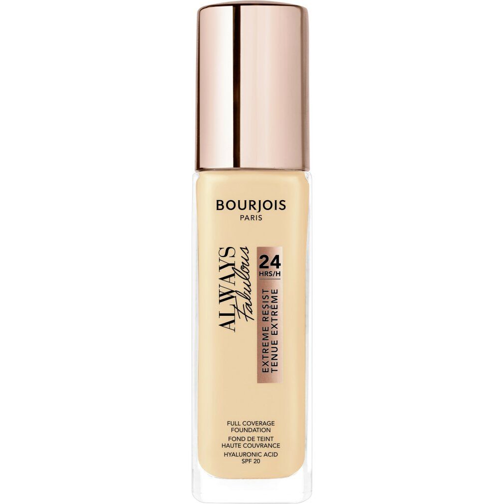 Foundation-Flakon mit roségoldfarbener Kappe. Aufschrift: Always Fabulous, 24H, Extreme Resist. Helle, cremefarbene Flüssigkeit.