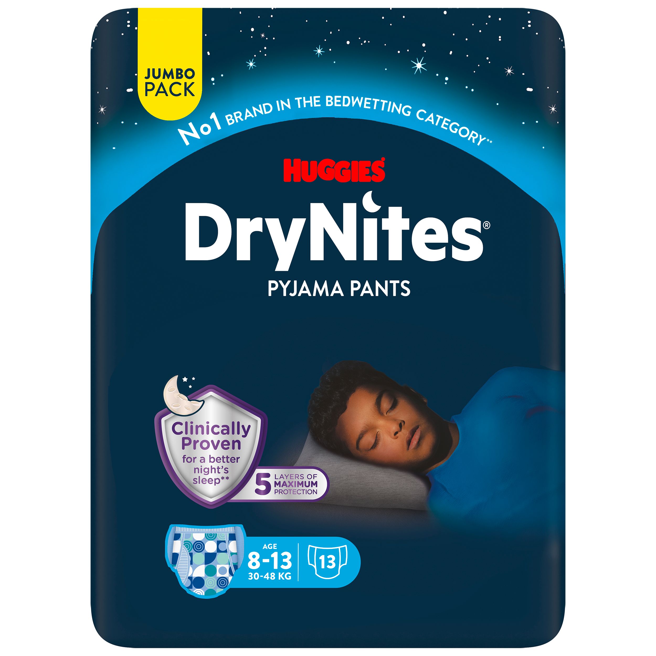 Huggies DryNites Pyjama Pants. Jumbo Pack. Alter 8-13 Jahre, 30-48 kg. 5 Schutzschichten. Klinisch bewiesen für besseren Schlaf.