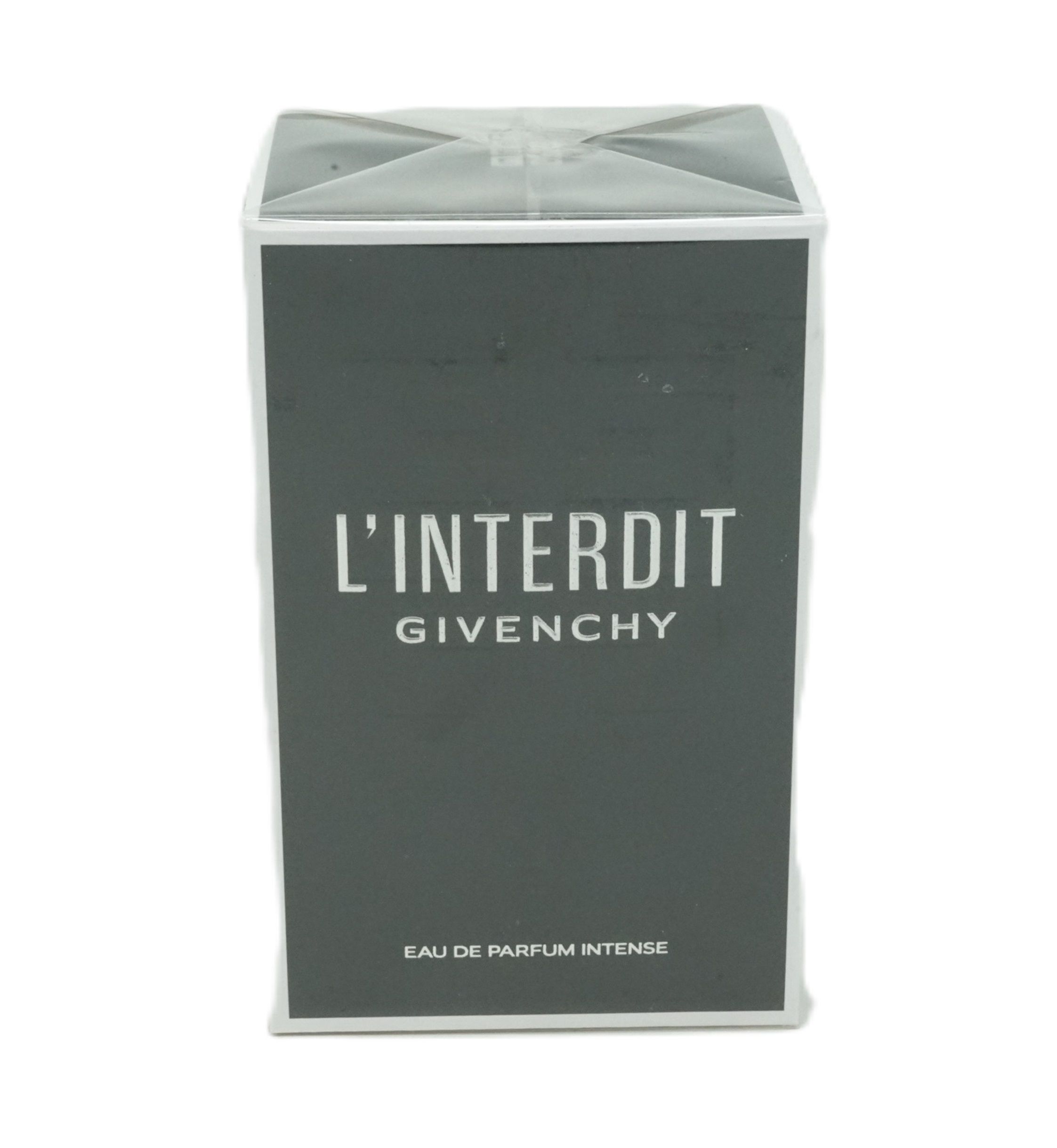 Graue Verpackung mit weißer Schrift: L'Interdit, Givenchy. Text: Eau de Parfum Intense.
