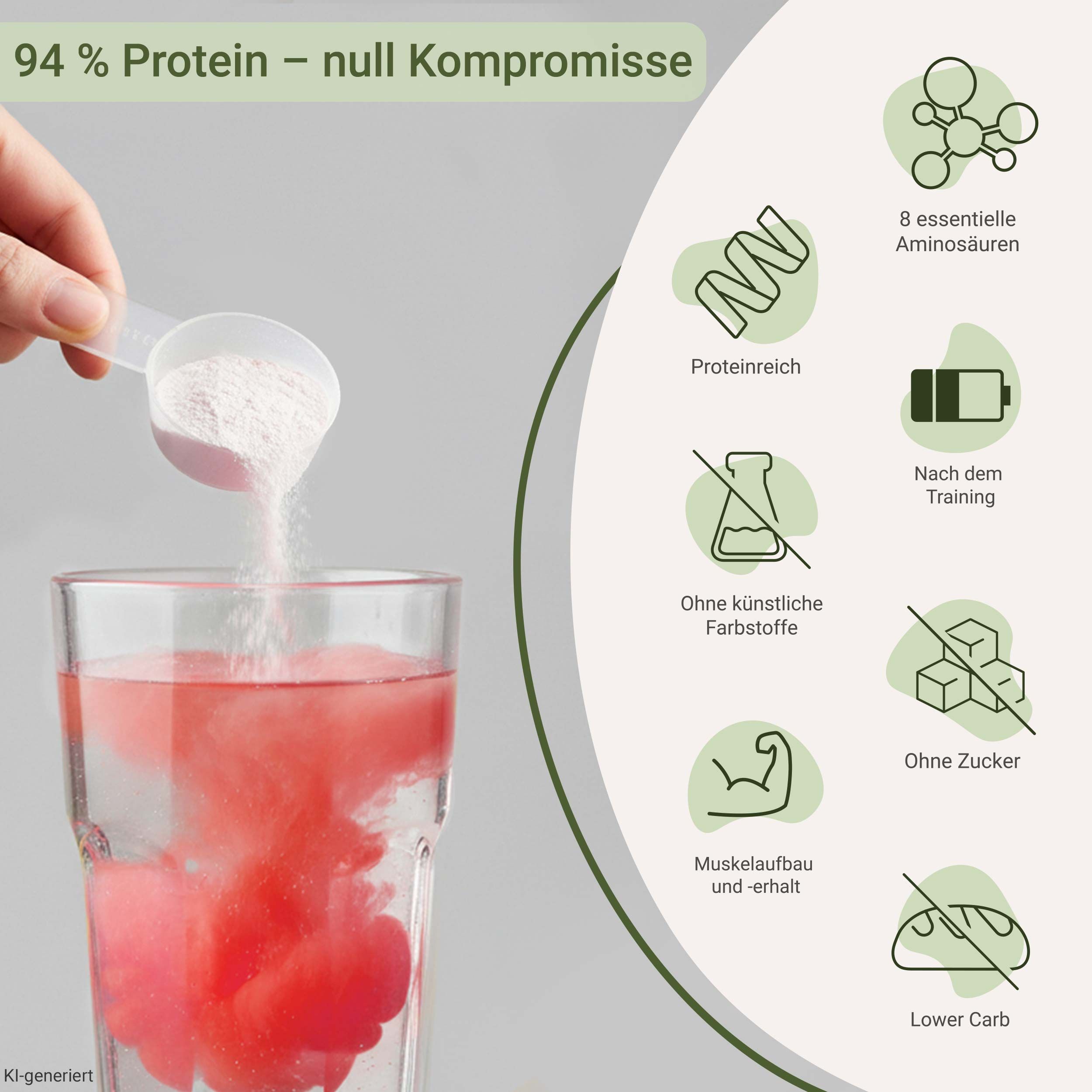 Pulver wird in ein Glas mit rotem Wasser geschüttet, mit Icons zu Nährwerten.