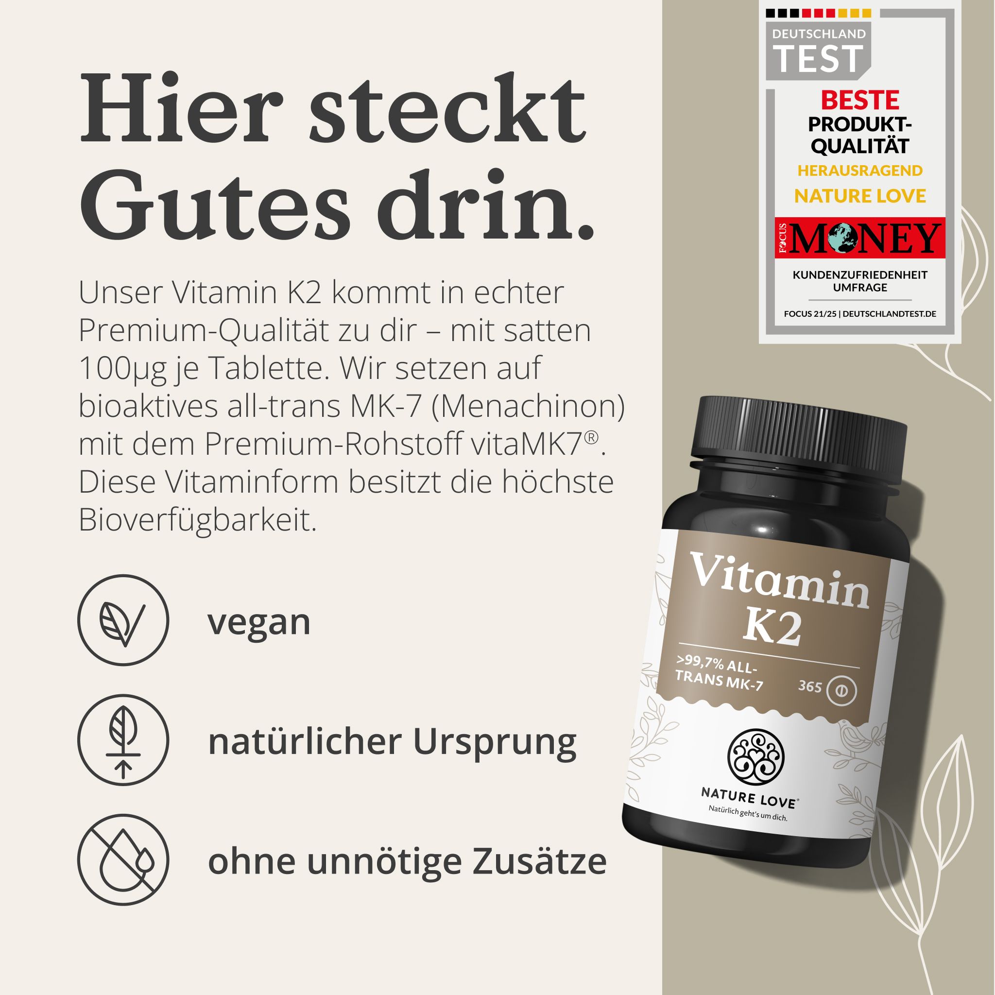Flasche Vitamin K2 von Nature Love, vegan, natürlicher Ursprung.