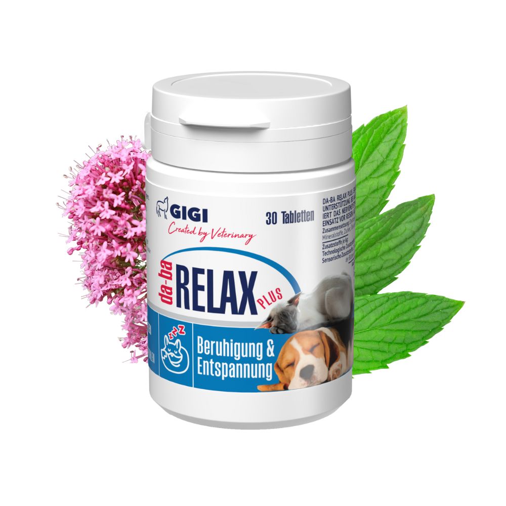 Weiße Tablettenflasche mit Aufschrift GIGI da-ba RELAX Plus. Abgebildet sind eine Katze und ein Hund. 30 Tabletten.