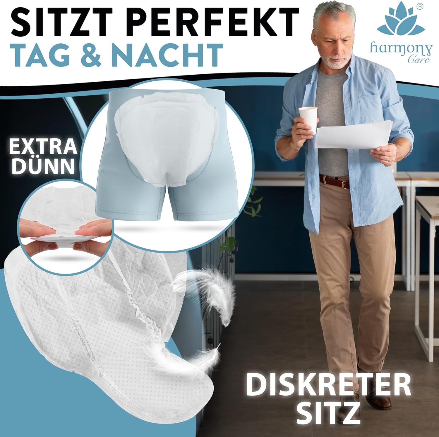 Inkontinenzeinlage in Unterhose. Mann im Büro. Aufdruck: EXTRA DÜNN, DISKRETER SITZ. Marke: Harmony Care. Produktabbildung mit Federn.