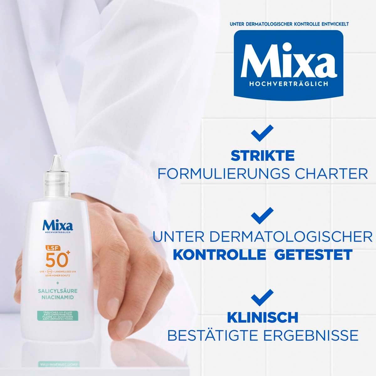 Mixa Tägliches UV Fluid LSF50+ Anti Unreinheiten. Flasche mit Text: unter dermatologischer Kontrolle getestet. Klinisch bestätigte Ergebnisse.