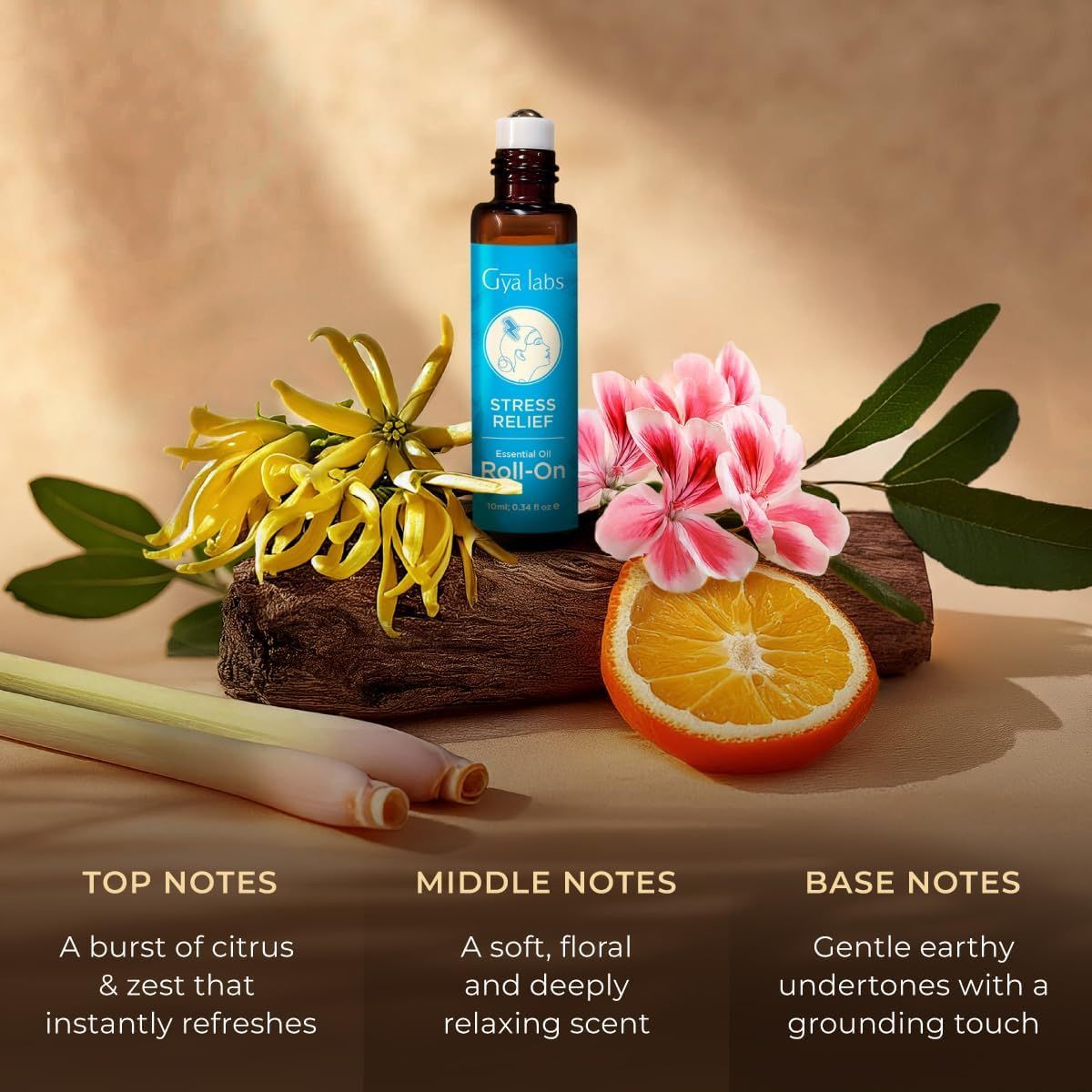 Produkt mit Blüten, Orange und Holz. Text: Top-Noten, mittlere Noten, Basisnoten. Gya Labs Stress Relief Roll-On. Zitrone, blumig, erdige Untertöne.