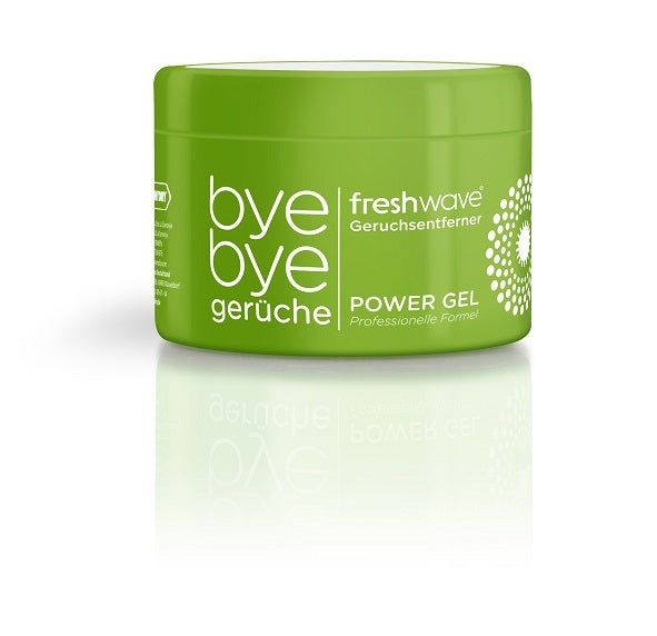Grünes Tiegel mit "bye bye gerüche" und "freshwave Geruchsentferner Power Gel" Schriftzug. Weiße Punkte auf der rechten Seite.