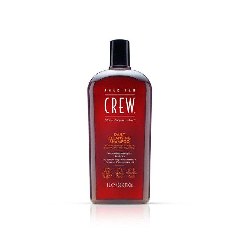 American Crew Daily Cleansing Shampoo, 1L Flasche. Rote Verpackung mit schwarzem Verschluss.