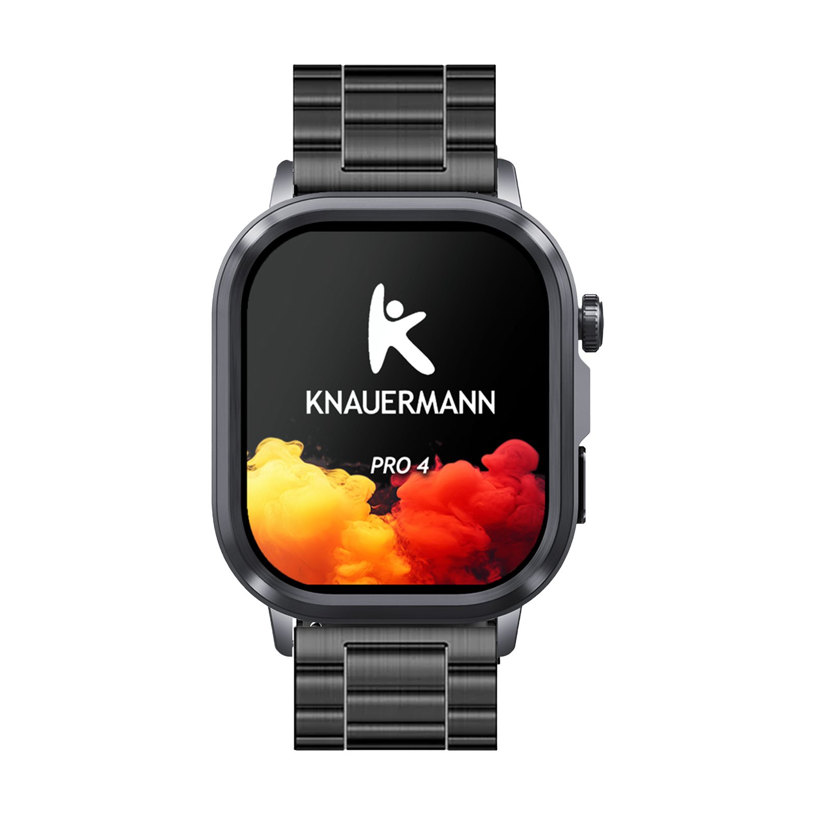 Schwarze Smartwatch mit Metallarmband. Display mit Logo und Schriftzug KNAUERMANN PRO 4. Seitliche Knöpfe.