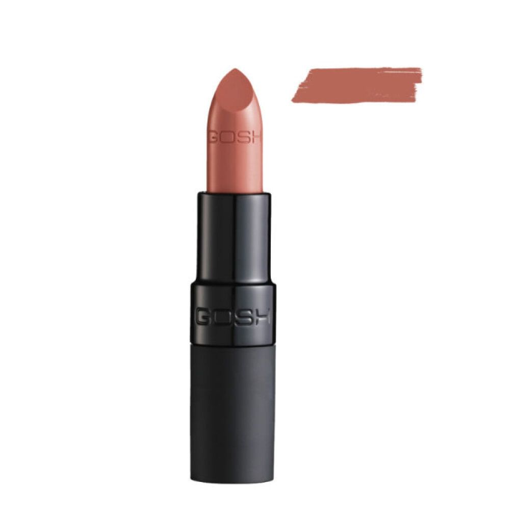 Gosh Velvet Touch Lipstick 003 Matt Antique in mattem Braunrot mit Gosh Logo.