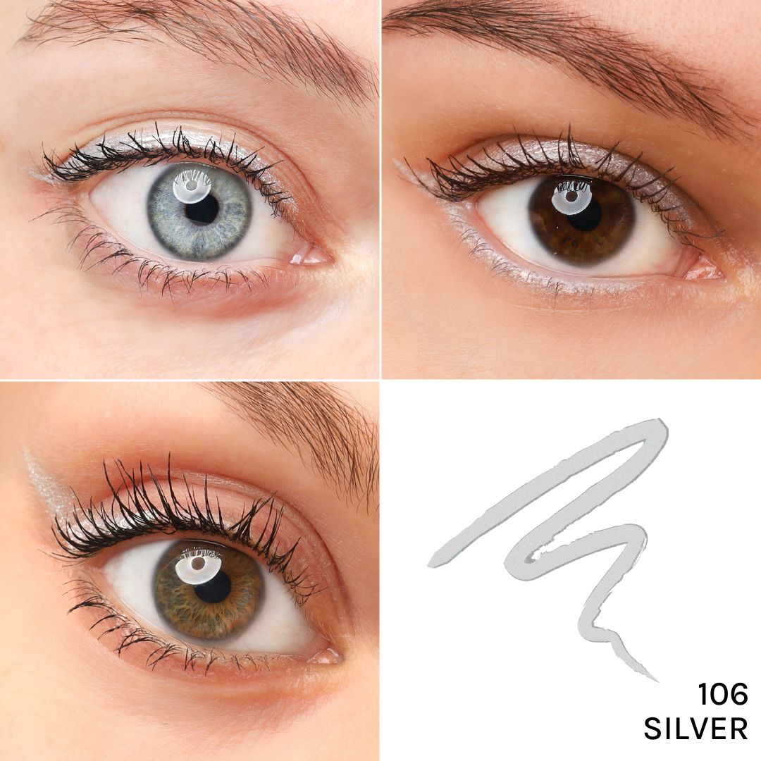 Vier Augen mit silbernem Kajal-Eyeliner. Verschiedene Augenfarben. Rechts unten: Silberne Linie mit der Nummer 106.