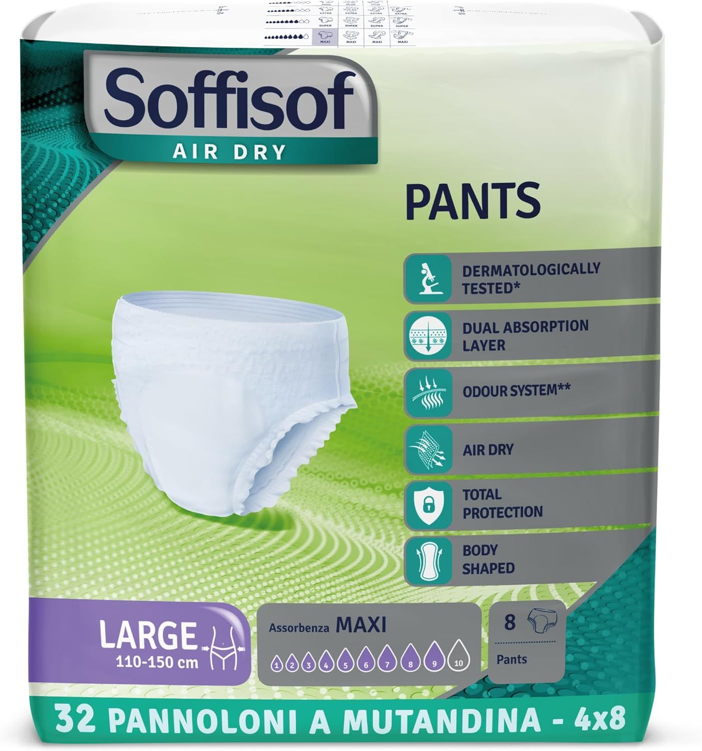 Soffisof Pants Maxi Windelhosen. Groß, 110-150 cm. 8 Stück. Verpackung mit Produktmerkmalen.