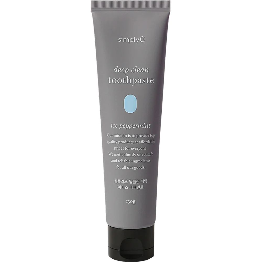 Graue Zahnpasta-Tube mit schwarzem Verschluss. Aufschrift: "simplyO deep clean toothpaste ice peppermint".