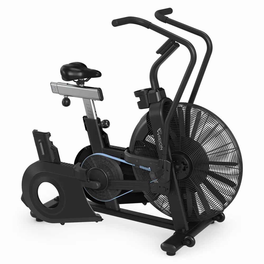 Schwarzes Air Bike mit Lüfterrad, Sattel, Lenker und Pedalen. Fitnessgerät für Cardio-Training.