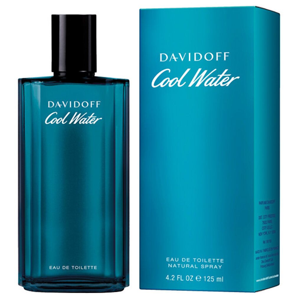 Davidoff Cool Water Eau de Toilette Flakon und Verpackung. Blaues Design mit Schriftzug. Flakon mit schwarzem Verschluss.