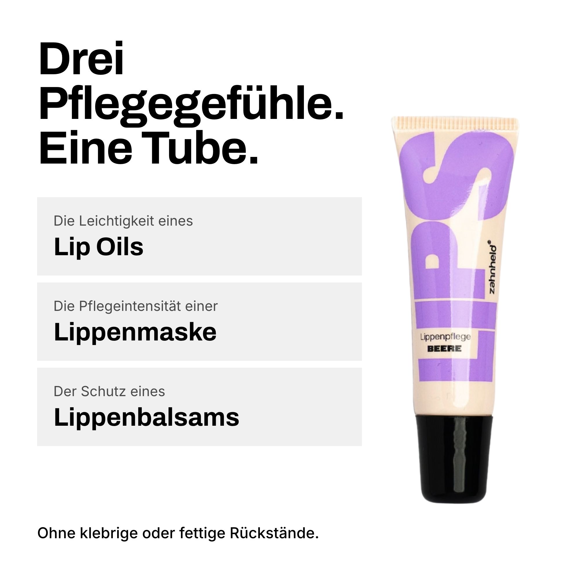 Lippenpflege-Tube mit lila "LPS"-Aufschrift auf hellem Hintergrund. Text: Drei Pflegegefühle. Eine Tube.