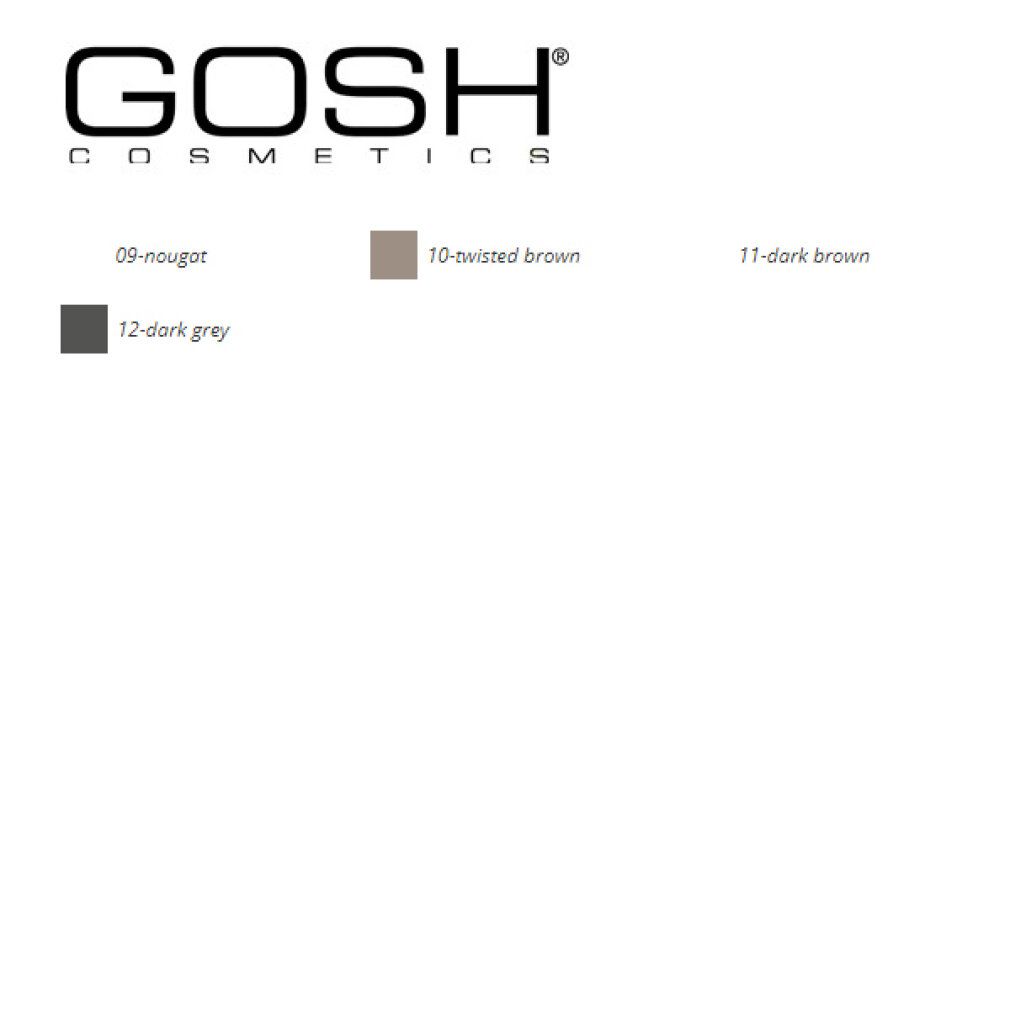 Gosh Cosmetics. Farbpalette mit 4 Lidschattenfarben: 09-nougat, 10-twisted brown, 11-dark brown, 12-dark grey. Markenname und Farbbezeichnungen.