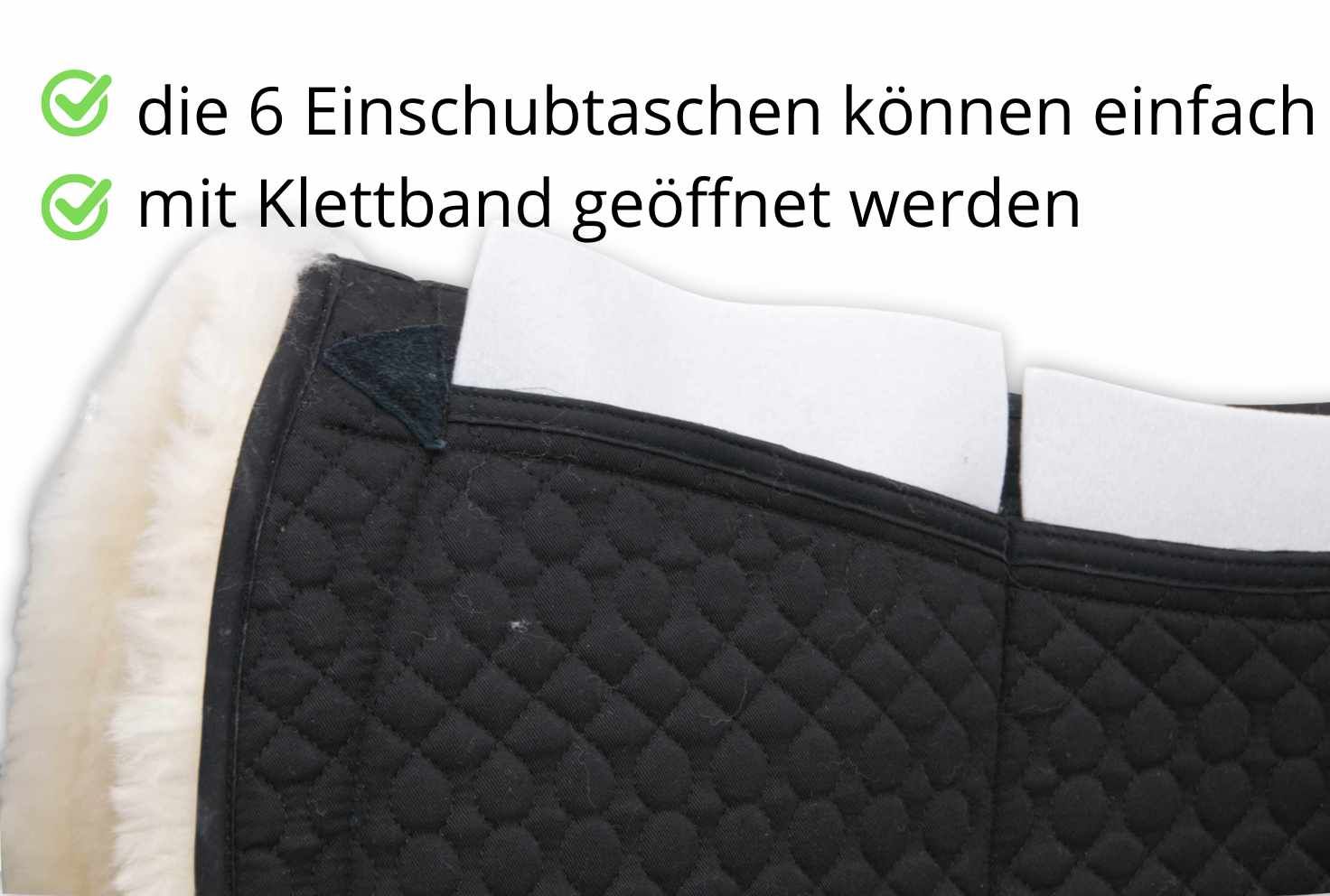 Schwarzer Westernpad mit sechs Taschen, die mit Klettband geöffnet werden können. Weiße Einlagen sichtbar.