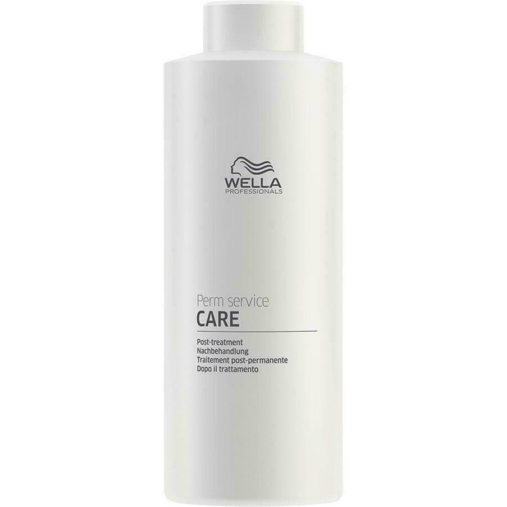 Weiße Flasche mit Wella-Logo und Text: Perm Service CARE. Post-treatment. Nachbehandlung. Trattamento post-permanente. Dopo il trattamento.
