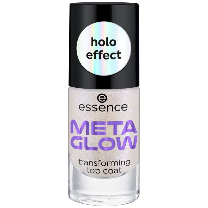 Nagellackflasche mit schwarzem Deckel und holografischem Aufkleber. Aufschrift: Meta Glow, transforming top coat. Marke: essence.