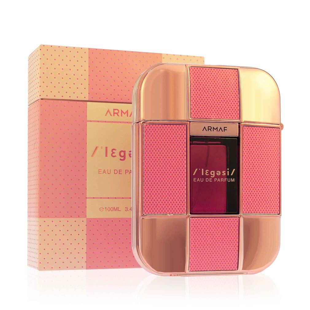 Parfümflakon und Verpackung. Rosa und goldfarbene quadratische Muster. Schriftzug: Armaf Legesi Eau de Parfum.