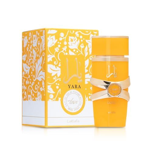 Yara Tous Eau de Parfum in gelber Schachtel und Flakon. Goldfarbene Details. Floral-Design auf der Verpackung.