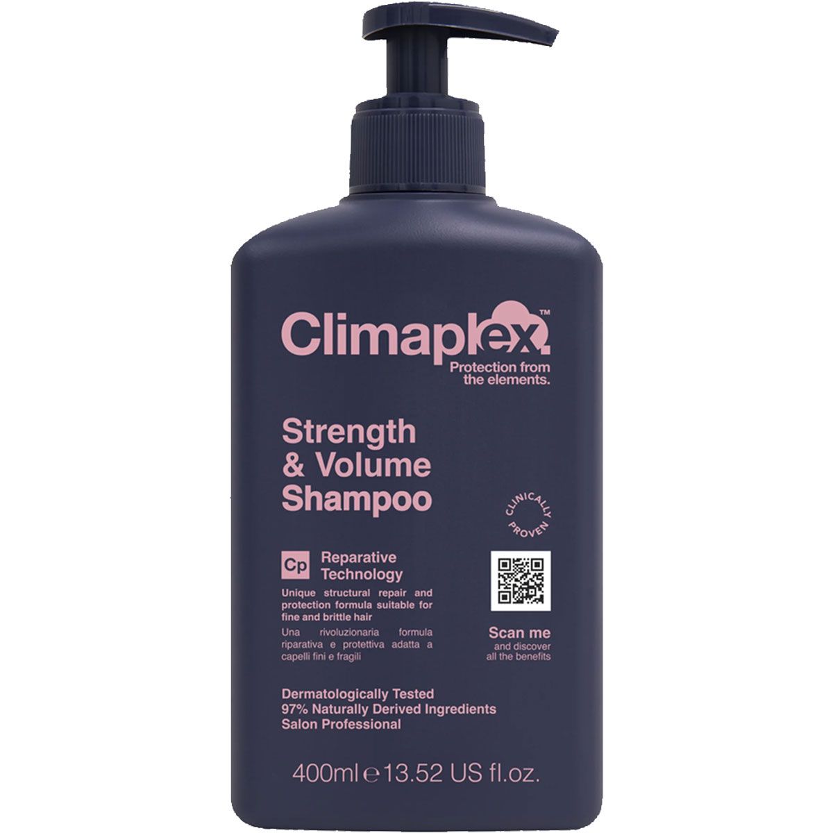 Dunkelblaue Flasche Climaplex Stärke & Volumen Shampoo mit Pumpspender. 400ml.