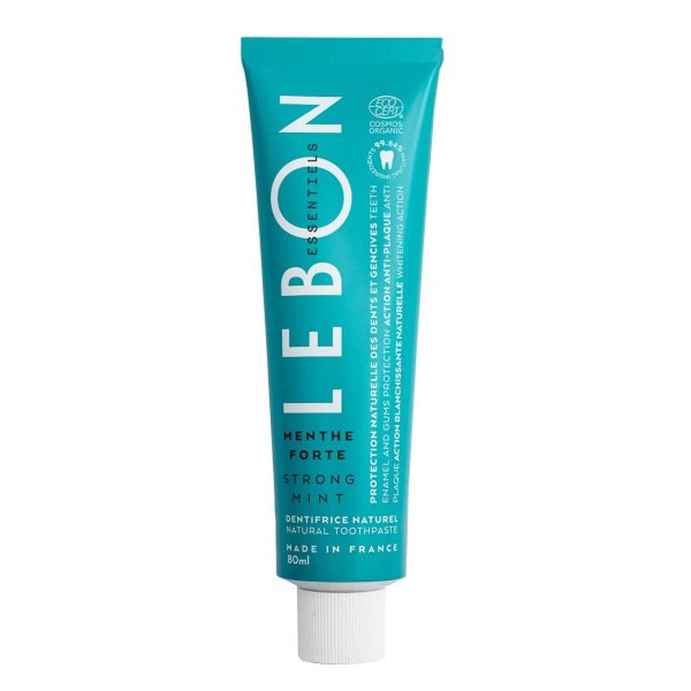 Türkisfarbene Tube Zahnpasta mit weißem Verschluss. Aufschrift: LEBON, Strong Mint, Natur-Zahnpasta. Bio-Zertifizierung.