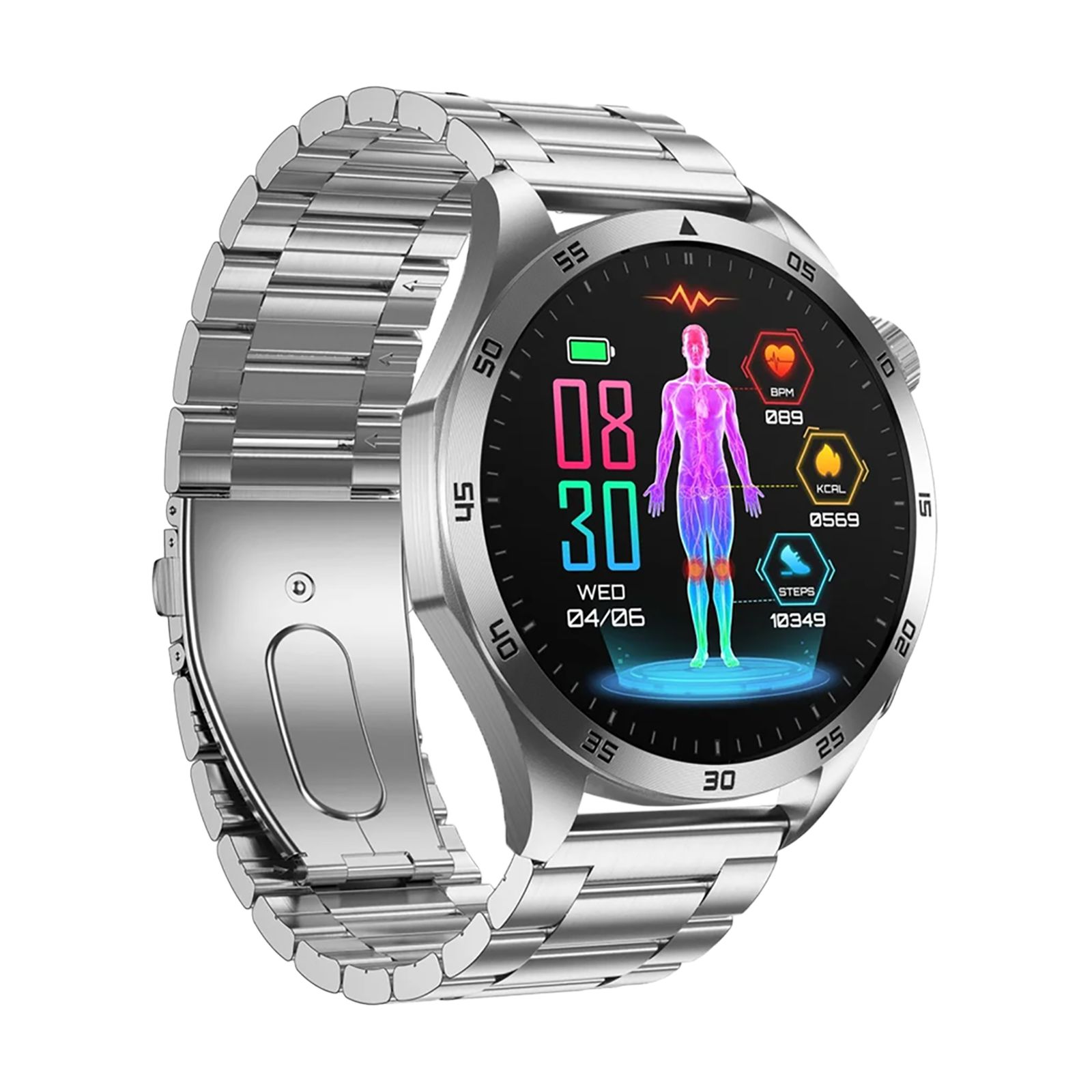 Silberne Smartwatch mit Metallarmband und Gesundheitsdaten-Display (EKG, Schritte, Kalorien).