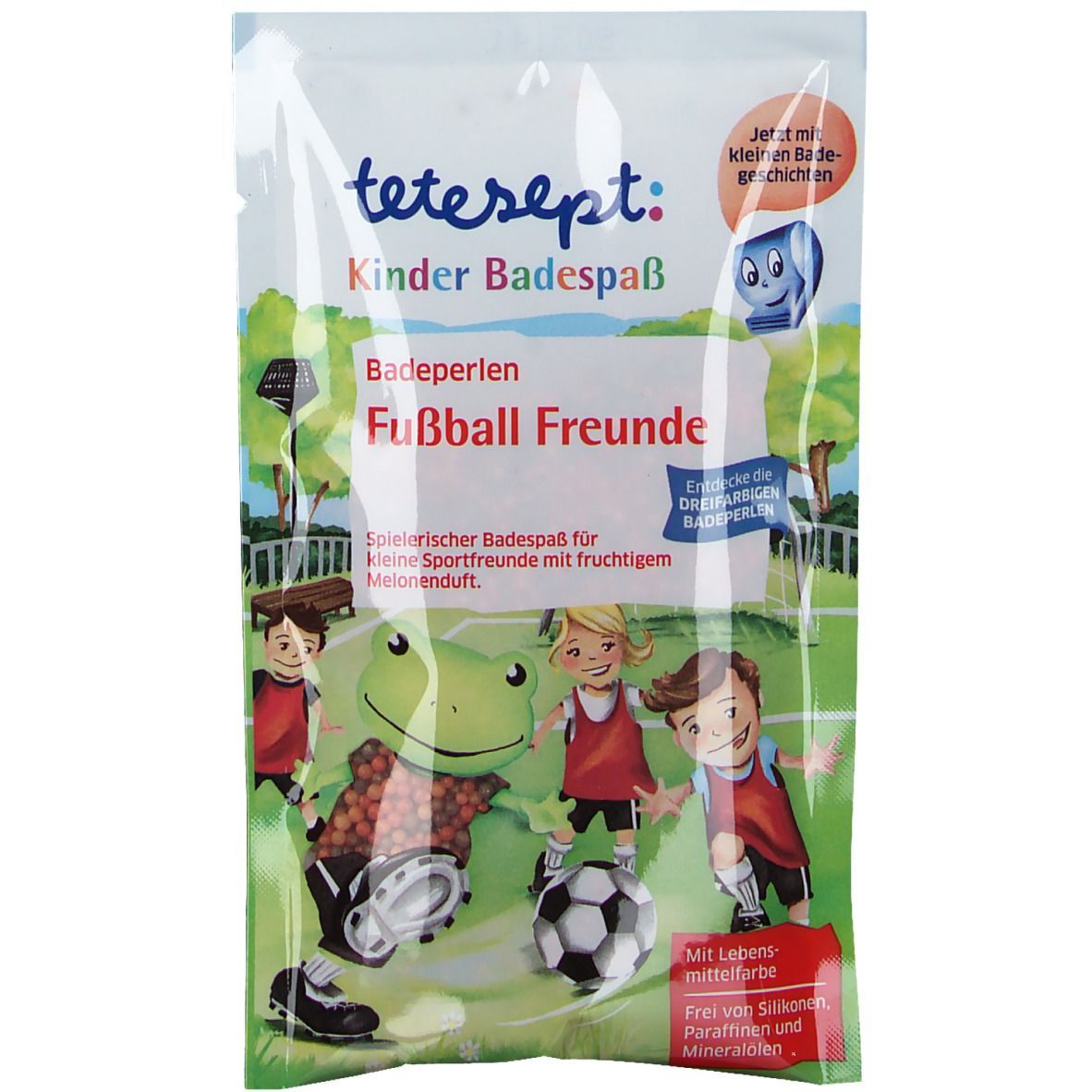 Verpackung mit Badeperlen. Text: tetesept Kinder Badespaß Fußball Freunde. Abbildung: Fußball, Frosch, Kinder. 60g.