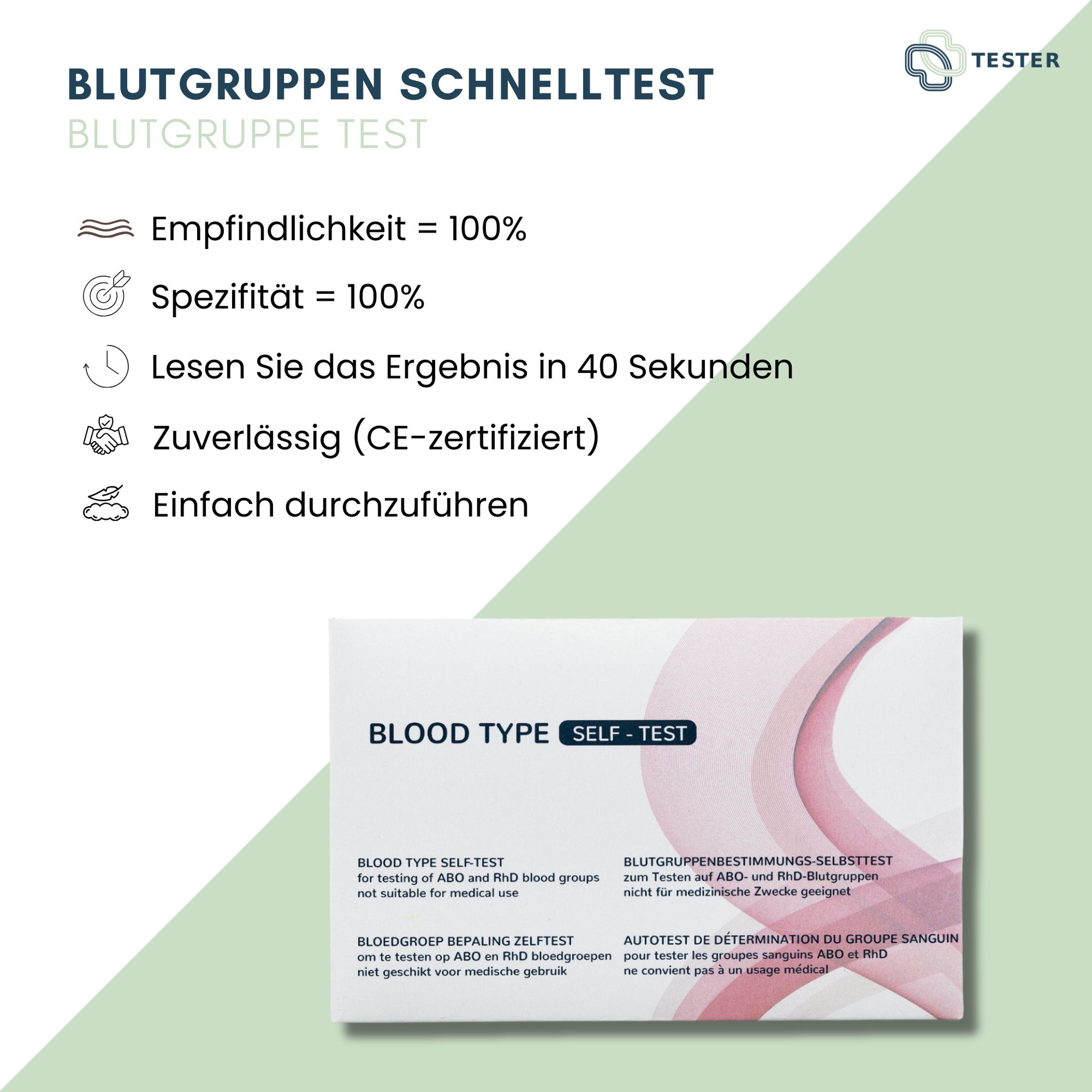 Produkt mit Text "BLUTGRUPPEN SCHNELLTEST". Diagramm mit Informationen: Empfindlichkeit, Spezifität, Ergebnis in 40 Sekunden, CE-zertifiziert.