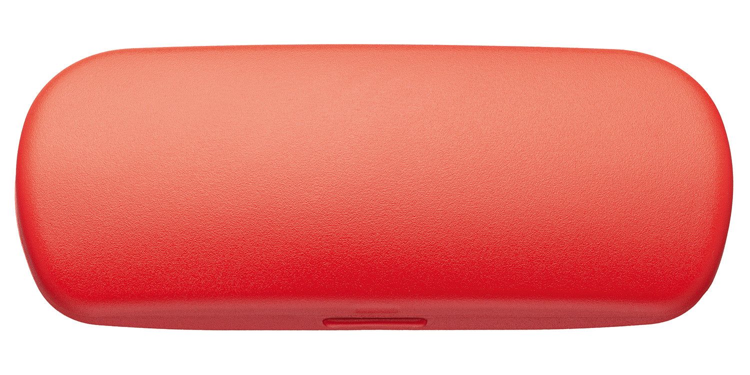 Rotes, ovales Brillenetui. Kunststoff. Geschlossener Deckel mit kleinem Schlitz.