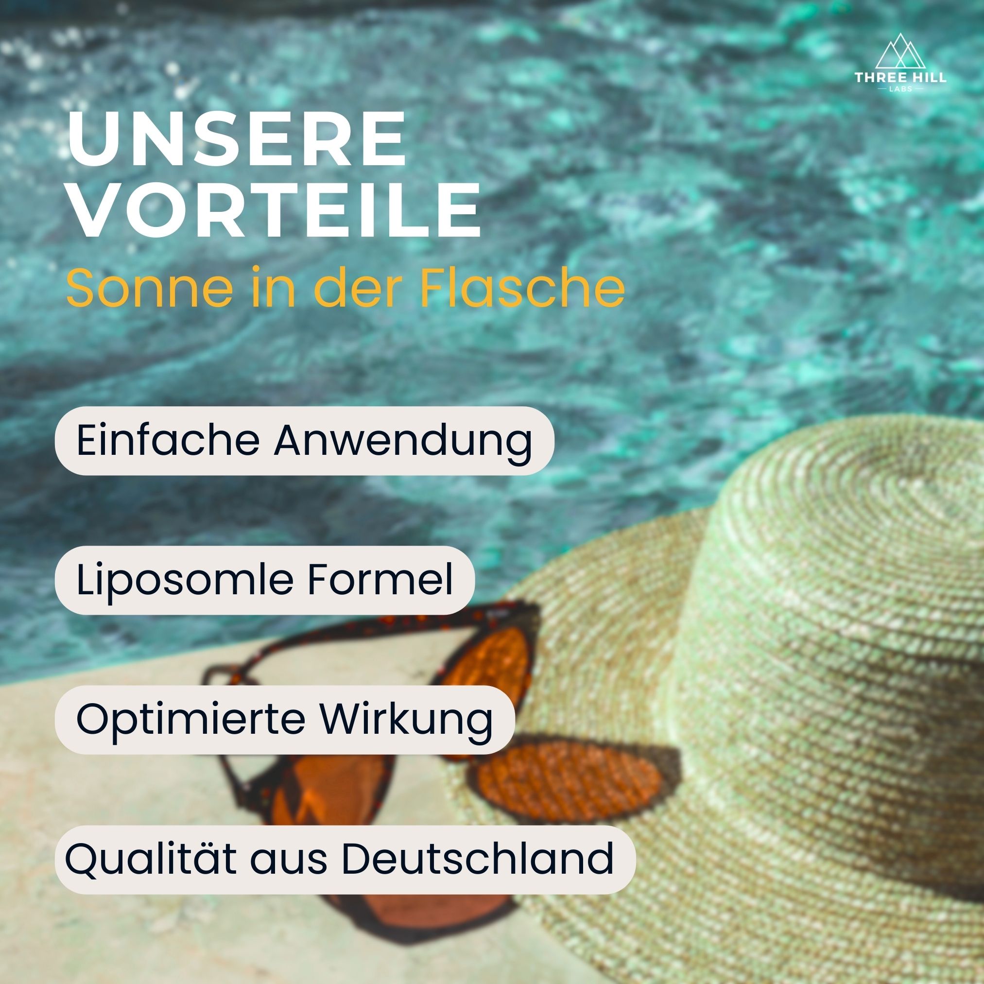 Sonnenhut und Sonnenbrille auf Holz. Text: Unsere Vorteile: Sonne in der Flasche. Einfache Anwendung, liposomale Formel, optimierte Wirkung.