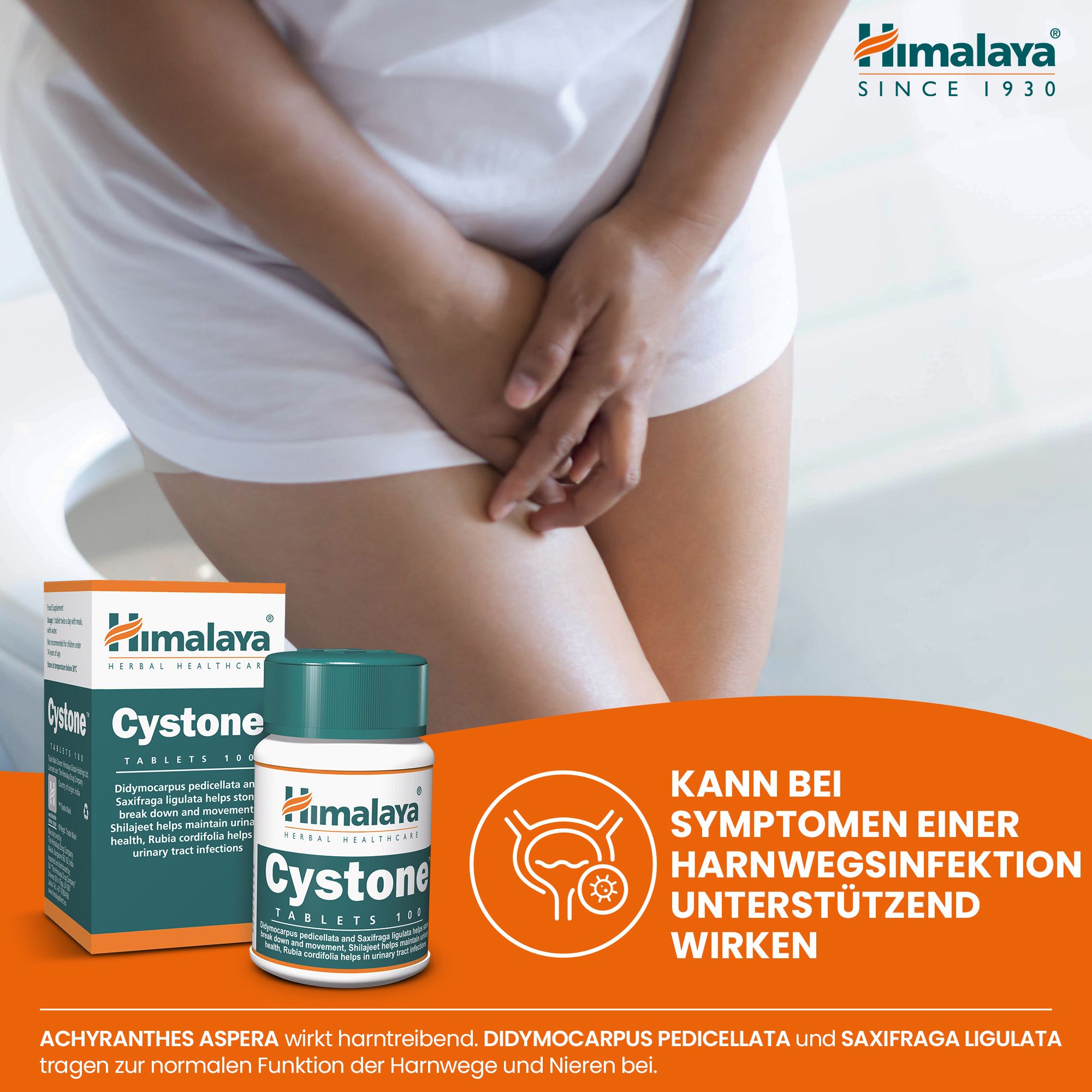 Frau mit Beschwerden im Unterleib neben Himalaya Cystone Tabletten und Harnwegssymbol.