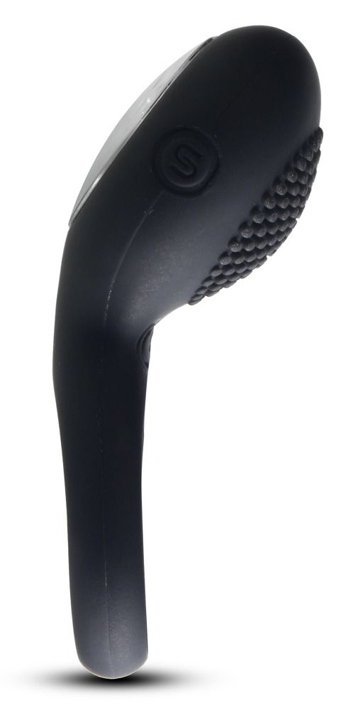 Schwarzer Vibrationsring. Oberteil mit silberner Oberfläche und Noppen. Ringförmiger Schaft. Marke SVAKOM.