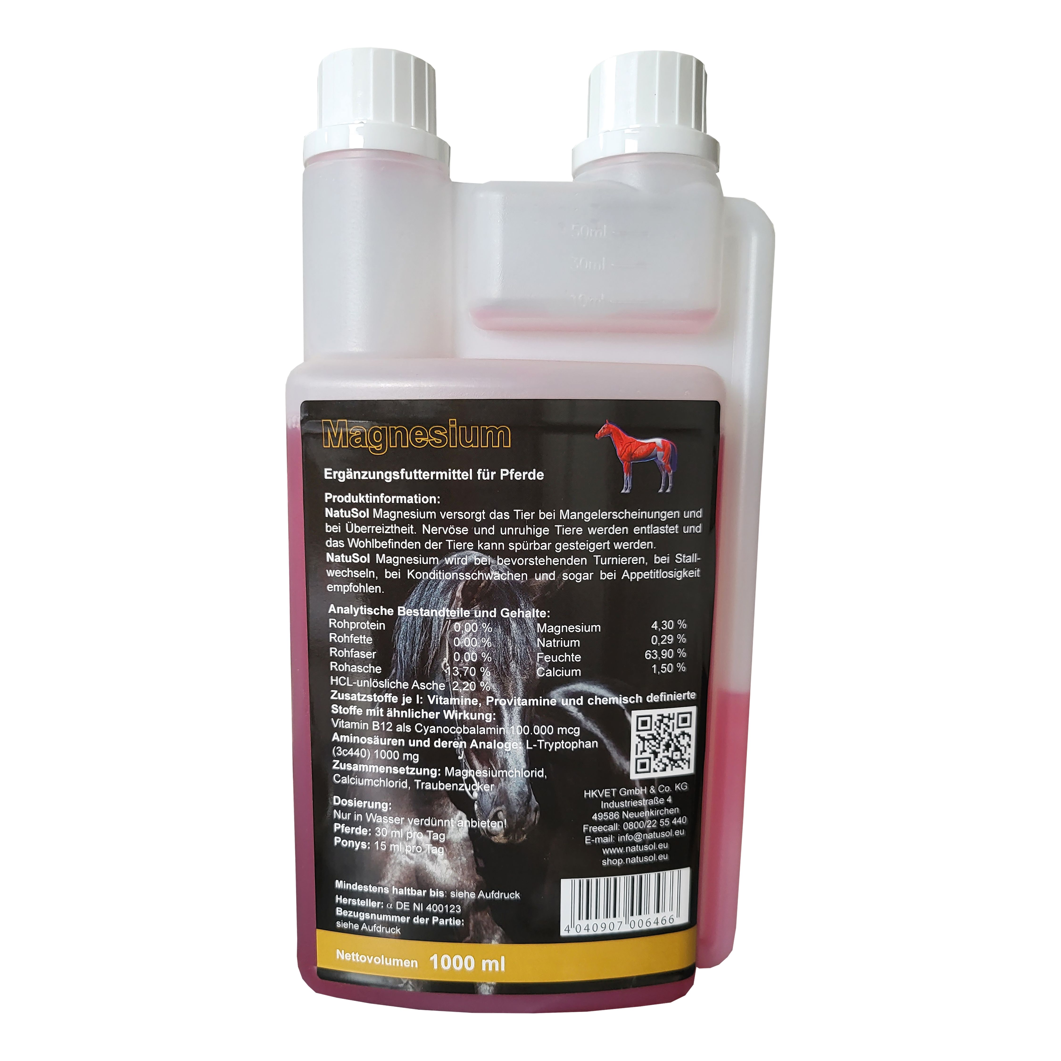 Magnesium-Ergänzungsfuttermittel für Pferde. Flasche mit Etikett, Inhaltsstoffe, Nährwertangaben, 1000 ml, NatuSol-Logo, "Made in Germany".