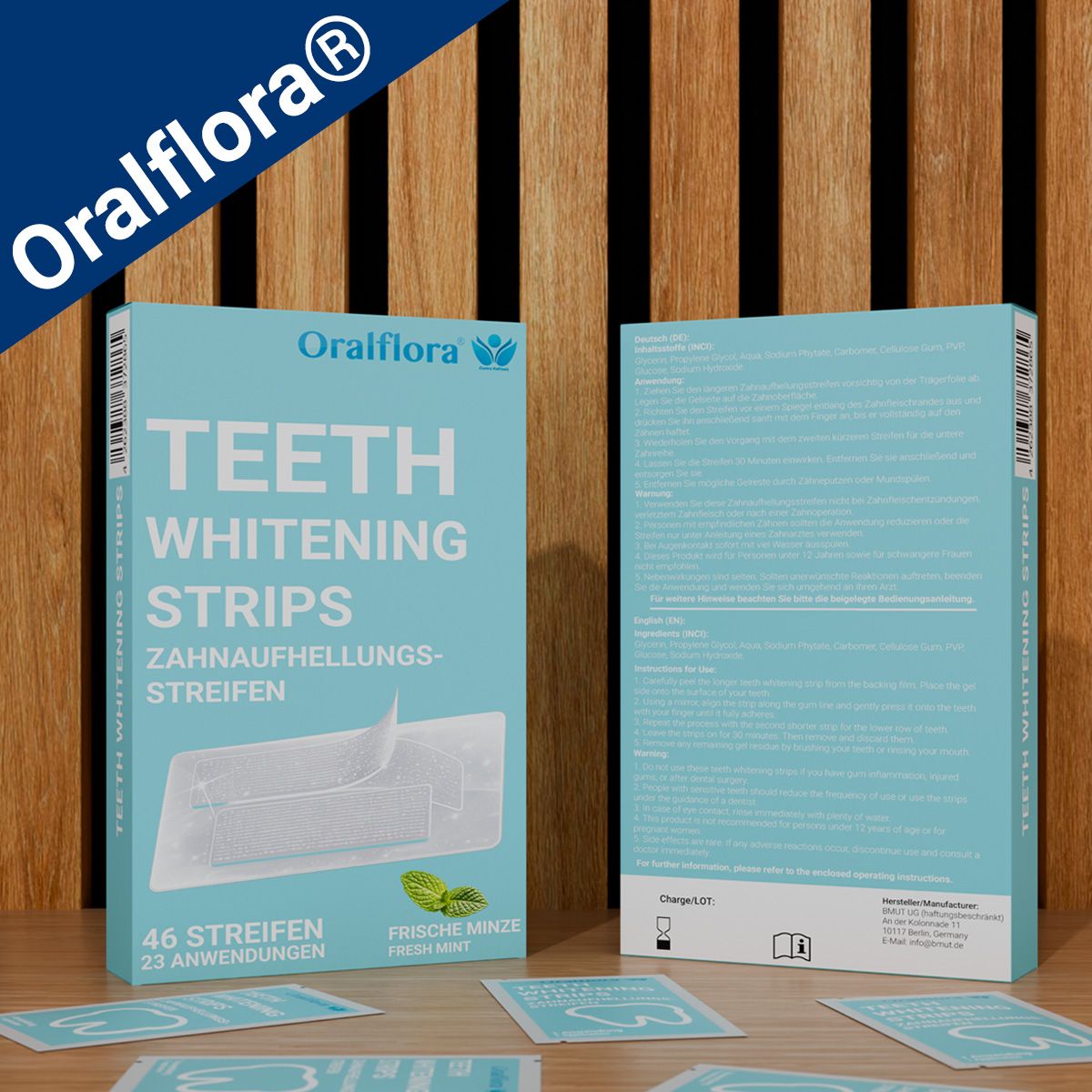 Oralflora Teeth Whitening Strips Packung mit 46 Streifen, Frische Minze.