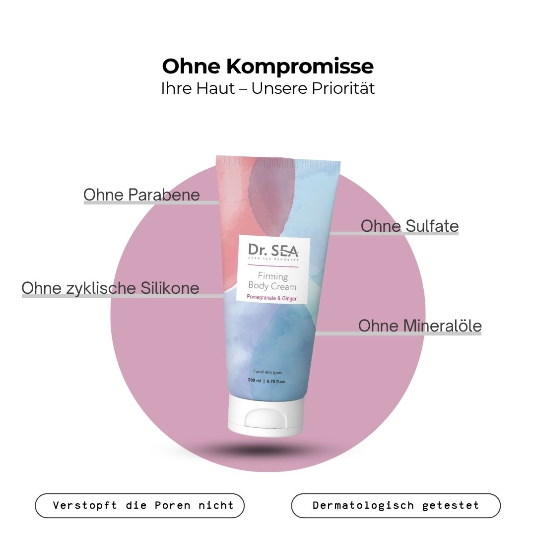 Körpercreme-Tube mit Text. Text: Dr. SEA, Firming Body Cream, Granatapfel & Ingwer. Ohne Parabene, Sulfate, Silikone, Mineralöle.