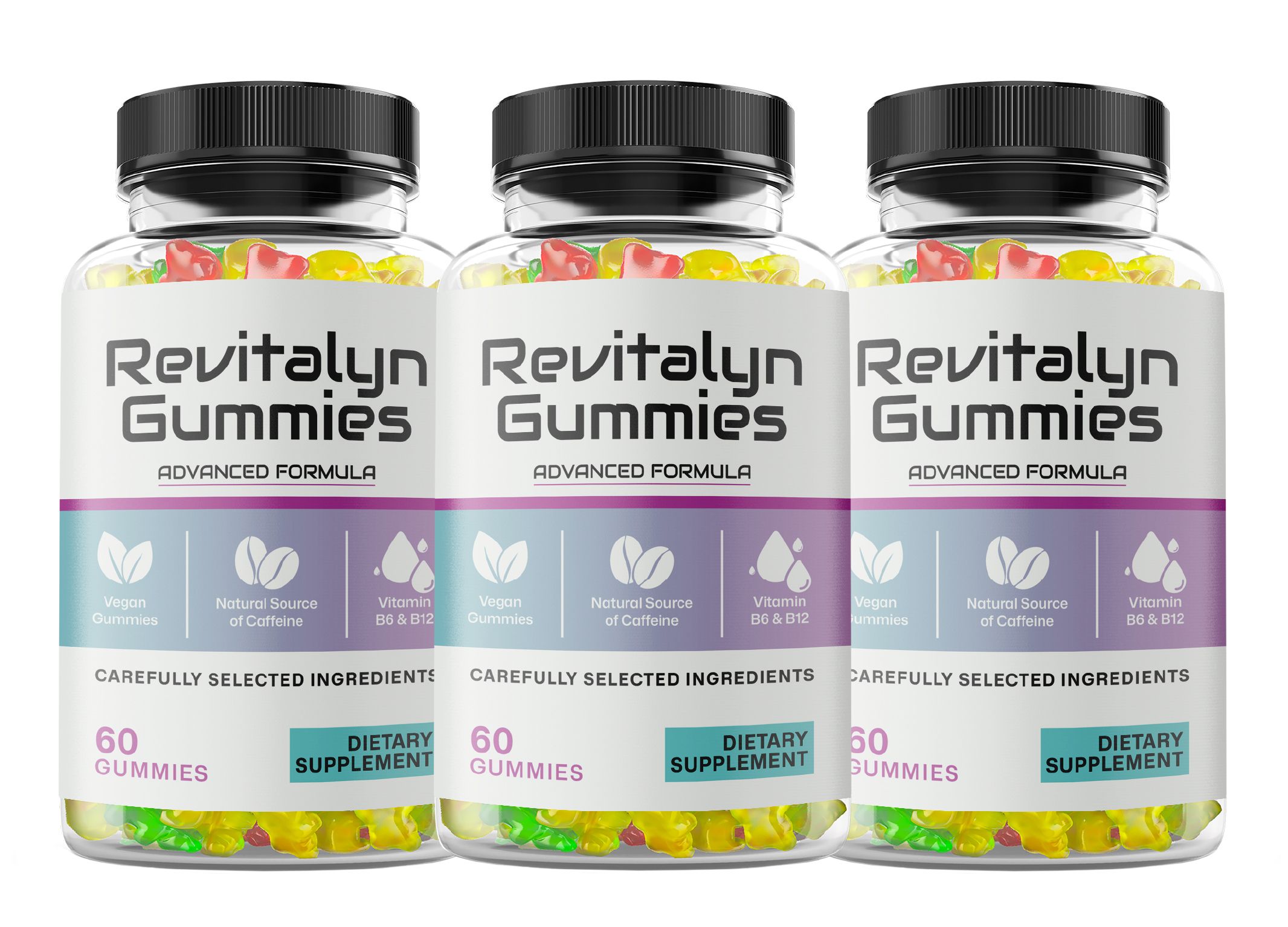 Drei Flaschen Revitalyn Gummies, 60 Kapseln pro Flasche, Nahrungsergänzungsmittel.