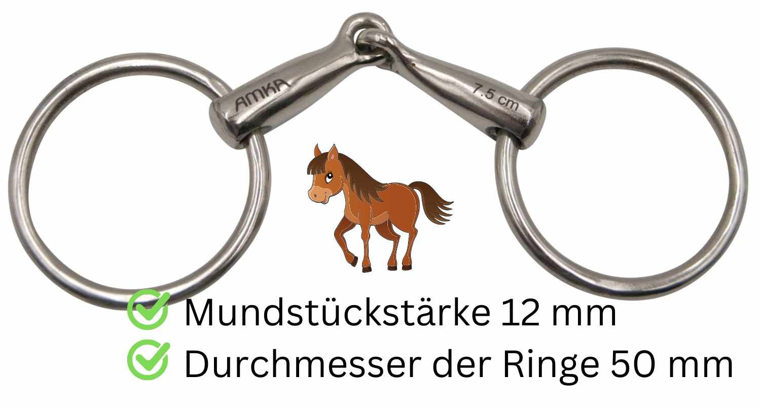 Gebiss mit Ringen. AMKA-Logo. 7,5 cm. Mundstückstärke 12 mm. Ringdurchmesser 50 mm. Für Pferde.