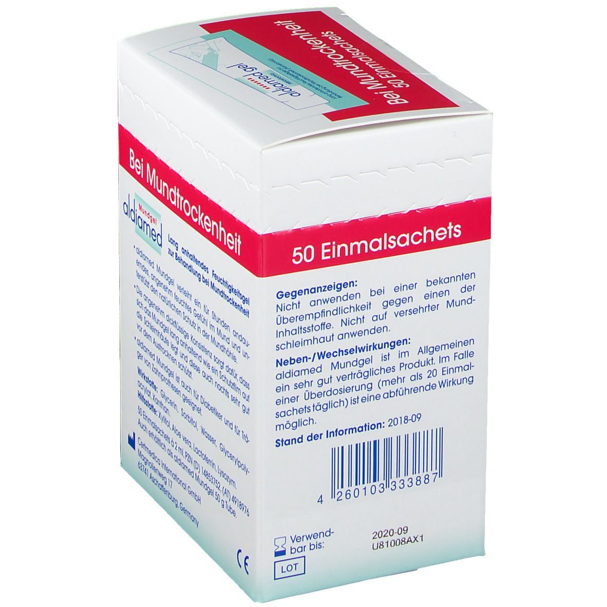 Weißer Karton mit roter Schrift. Aufschrift: aldiamed Mundgel Speichelergänzung. 50 Einmalsachets. Rückseite.