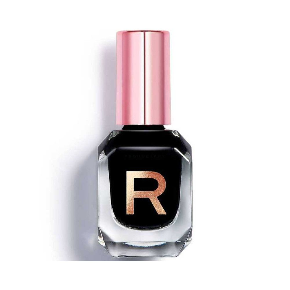 Schwarzer Nagellack in einem sechseckigen Glasfläschchen mit roséfarbenem Deckel.